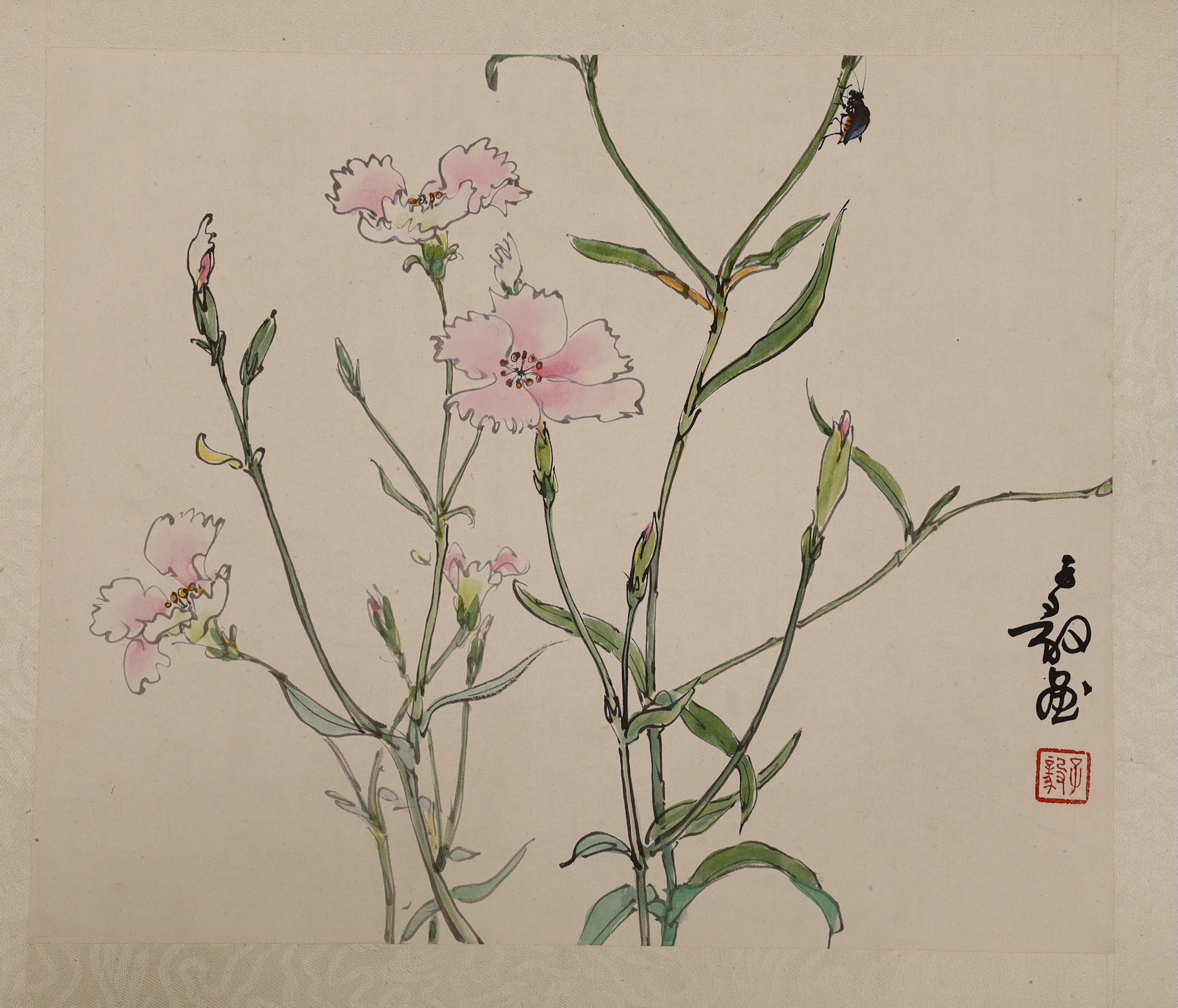 Chinese School, late 20th century, four paintings, ink and colour on silk or paper, insects and flowers, approx. 21 x 26cm